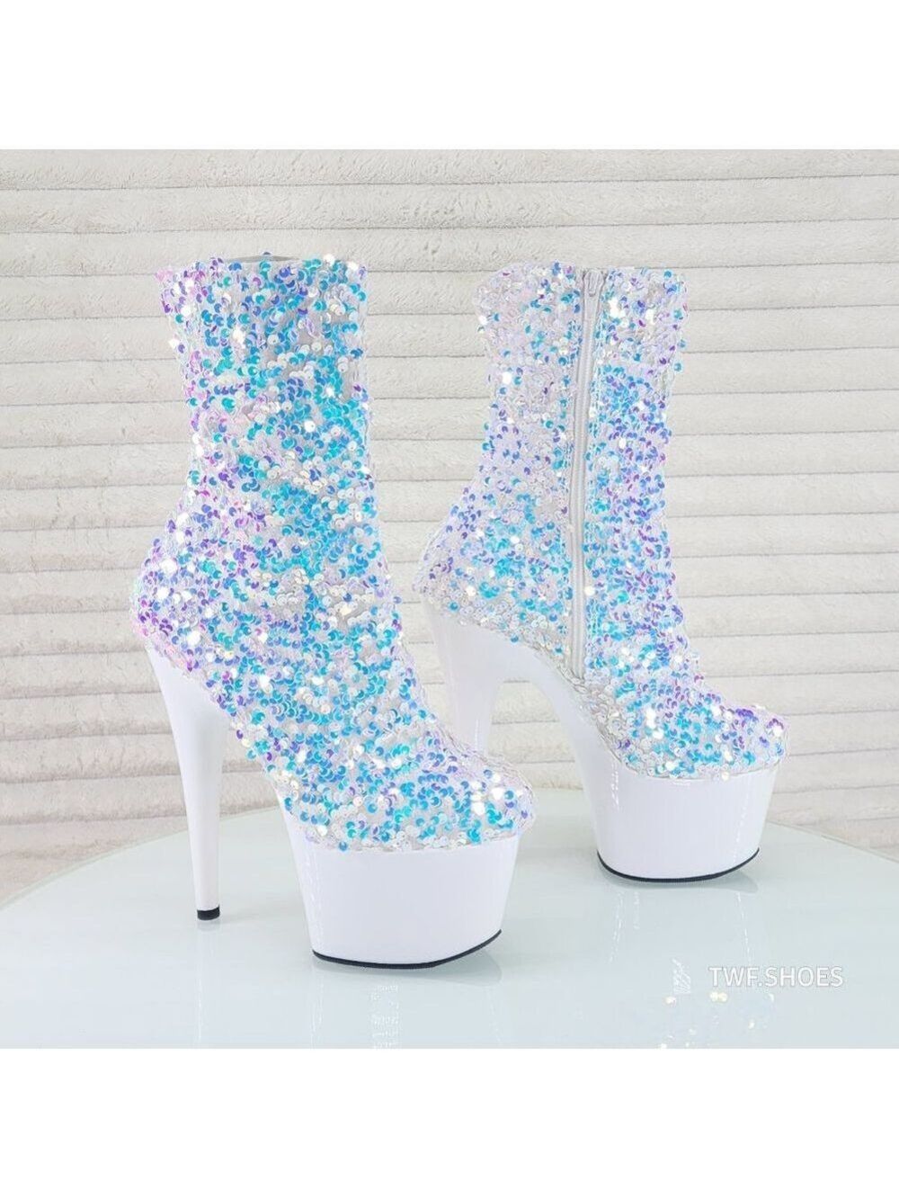 White Ice Multi Sequin Platform 7" Heels Ankle Boots Adore 1042 - Picture 4 of 8